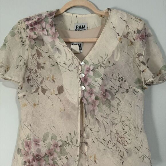 R&M Richards Vintage Floral Cream Chiffon Fairy Dress w/ Sheer Cover Up Formal S - Picture 3 of 7